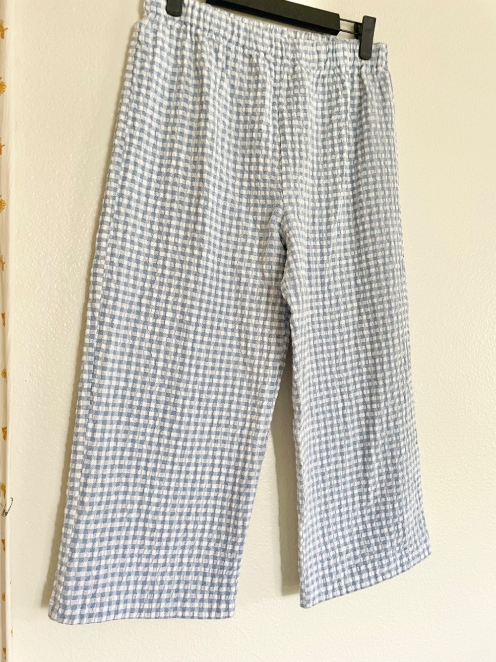 Vintage 80s Blue White Gingham Textured Capri Pants Elastic Waist M - Picture 2 of 5